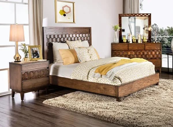 Walnut platform bed with matching nightstand and dresser