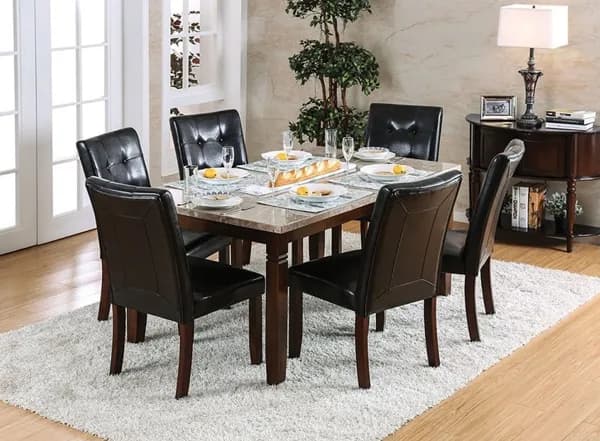 Wood dining table set with upholstered chairs